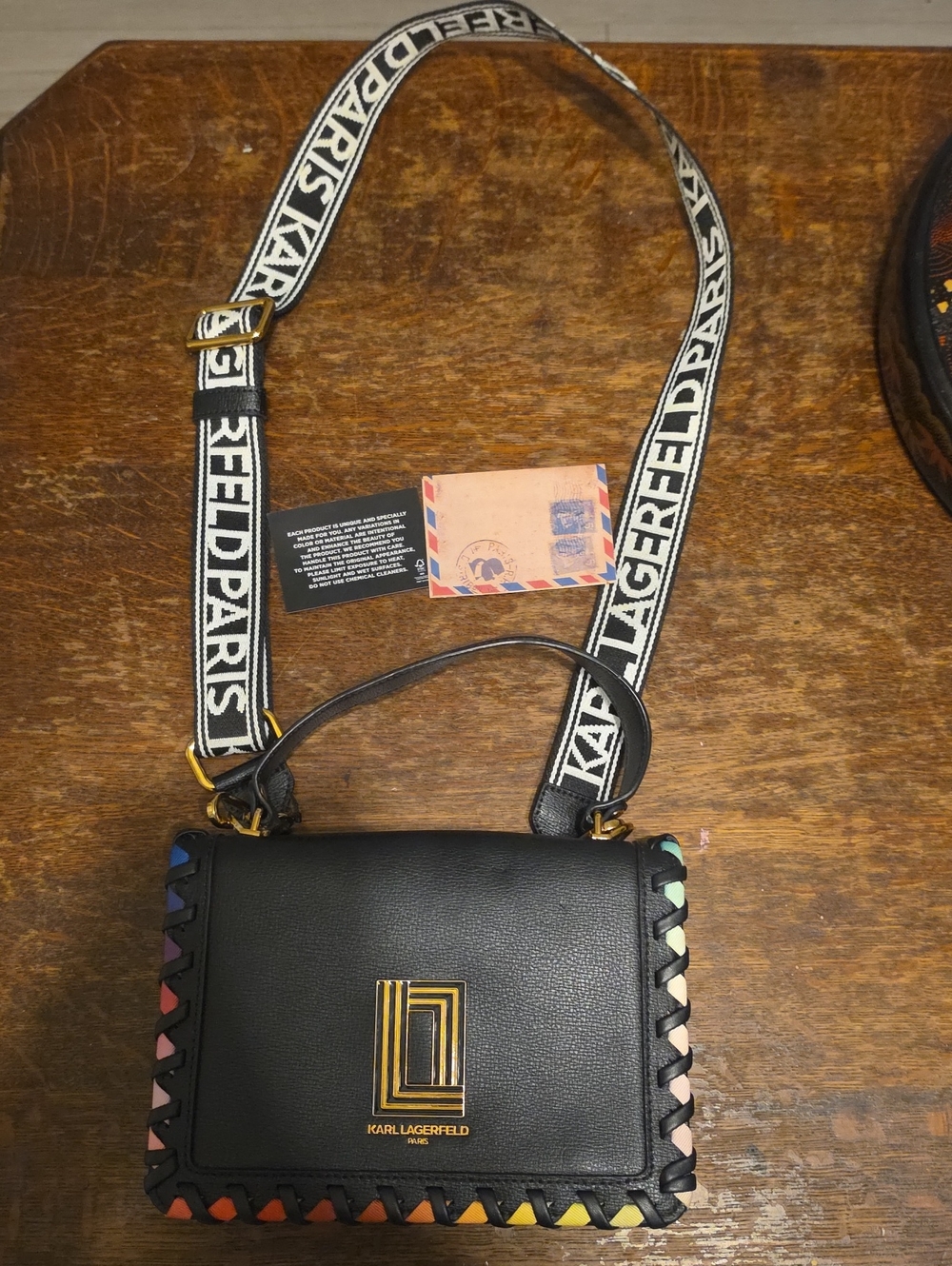 Karl Lagerfeld Black Crossbody with Multicolor Braided Edge and Logo